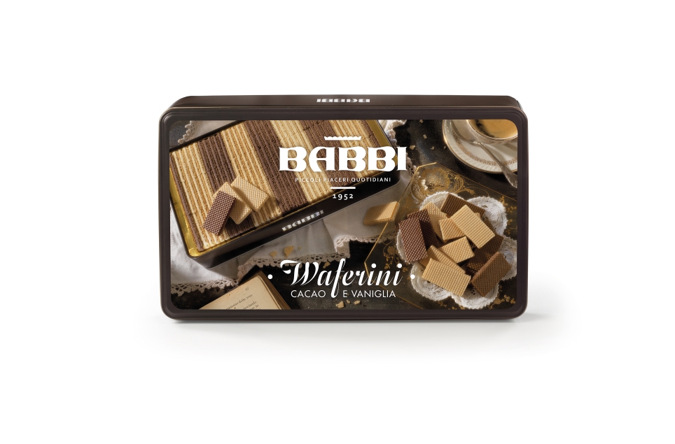 Babbi Waferini Piccoli Piaceri Quotidiani Cacao e vaniglia włoskie wafelki kakaowo- waniliowe w puszce 250 g