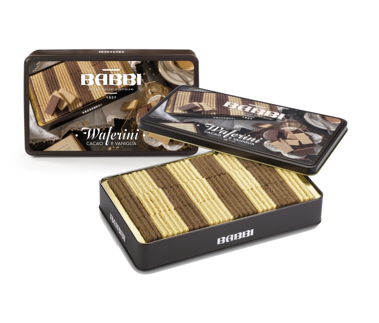 Babbi Waferini Piccoli Piaceri Quotidiani Cacao e vaniglia włoskie wafelki kakaowo- waniliowe w puszce 250 g