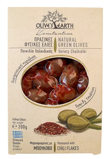 Olive’s Earth Oliwki zielone z pestką Chalkidikis w marynacie chilli 200g
