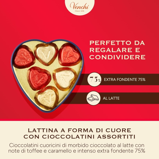 Venchi Valentine Small Heart Tin Box - mała puszka w kształcie serca z różnymi pralinami 48 g