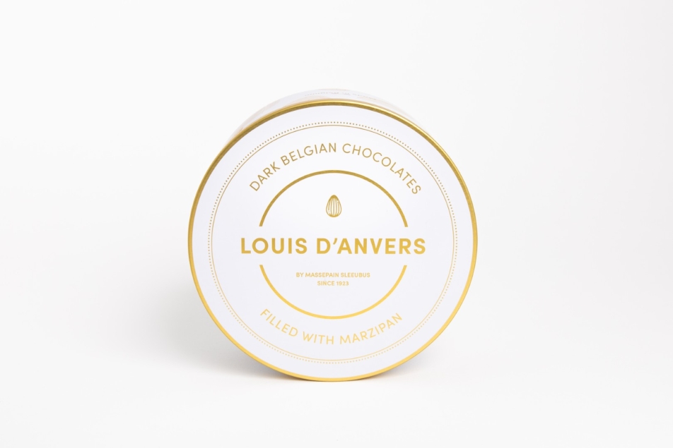 Massepain Sleeubus Louis d'Anvers Dark Belgian Chocolates filled with marzipan - zestaw pralin marcepanowych w puszce 280 g