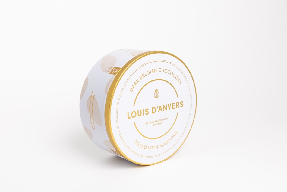 Massepain Sleeubus Louis d'Anvers Dark Belgian Chocolates filled with marzipan - zestaw pralin marcepanowych w puszce 280 g