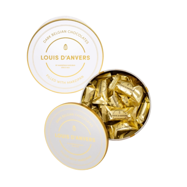 Massepain Sleeubus Louis d'Anvers Dark Belgian Chocolates filled with marzipan - zestaw pralin marcepanowych w puszce 280 g